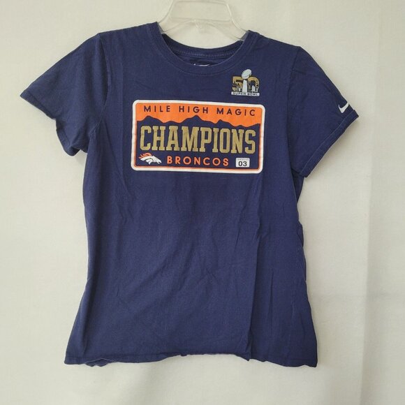 Superbowl 50 Denver Broncos Shirt Womens L (Fits Like M) Blue Nike Athletic Fit‎ - Picture 1 of 12